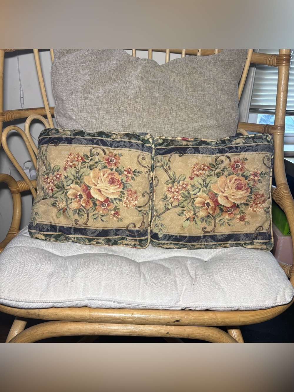 Floral Tapestry Throw Pillow Pair in Beige and Rose